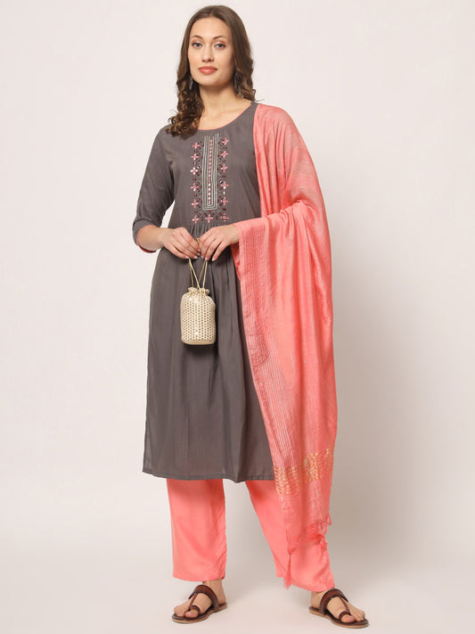 Grey Colour Reyon Embroidery With Mirror Casual Wear Kurta Pant Dupatta Set For Women's