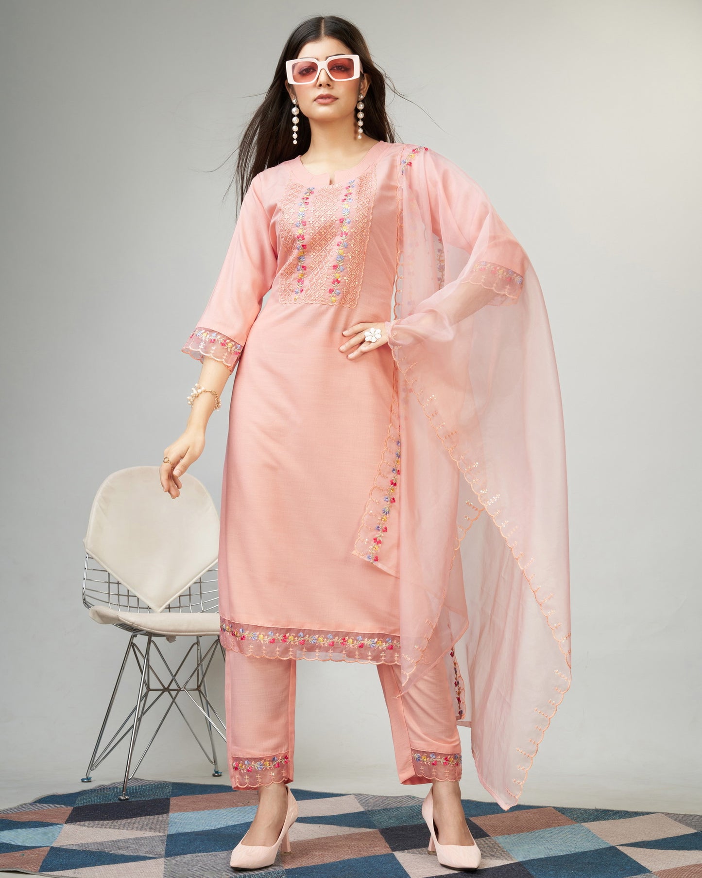 Peach Party Wear Embroidery Worked Kurta With Pant And Duppata Set