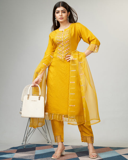 Yellow Party Wear Embroidery Worked Kurta With Pant And Duppata Set