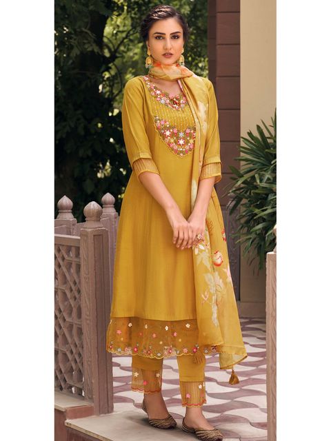 Musterd Party Wear Embroidery Worked Kurta With Pant And Duppata Set