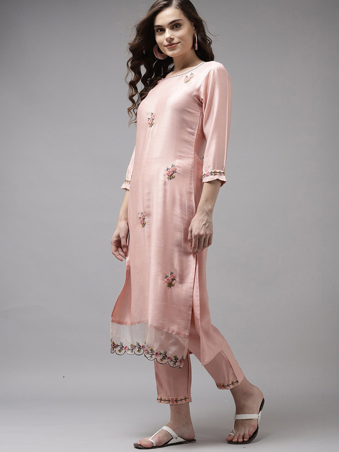 Peach Party Wear Embroidery Worked Kurta With Pant And Duppata Set