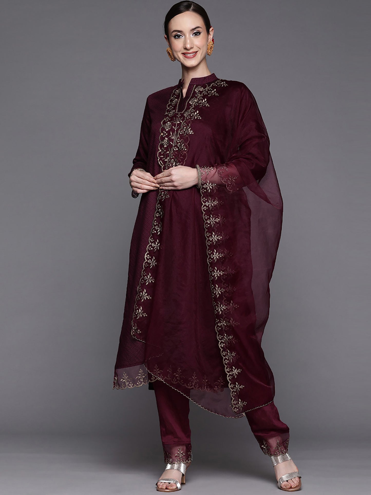 Wine Party Wear Embroidery Worked Kurta With Pant And Duppata Set