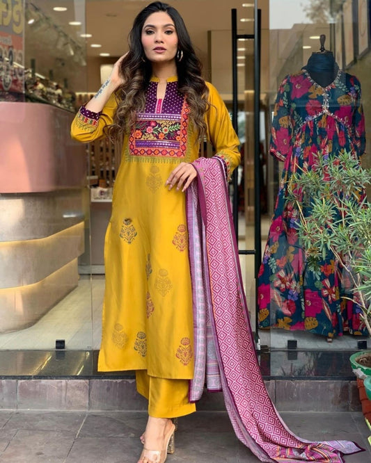 Women Embroidered Straight Yellow Kurta Set with Dupatta