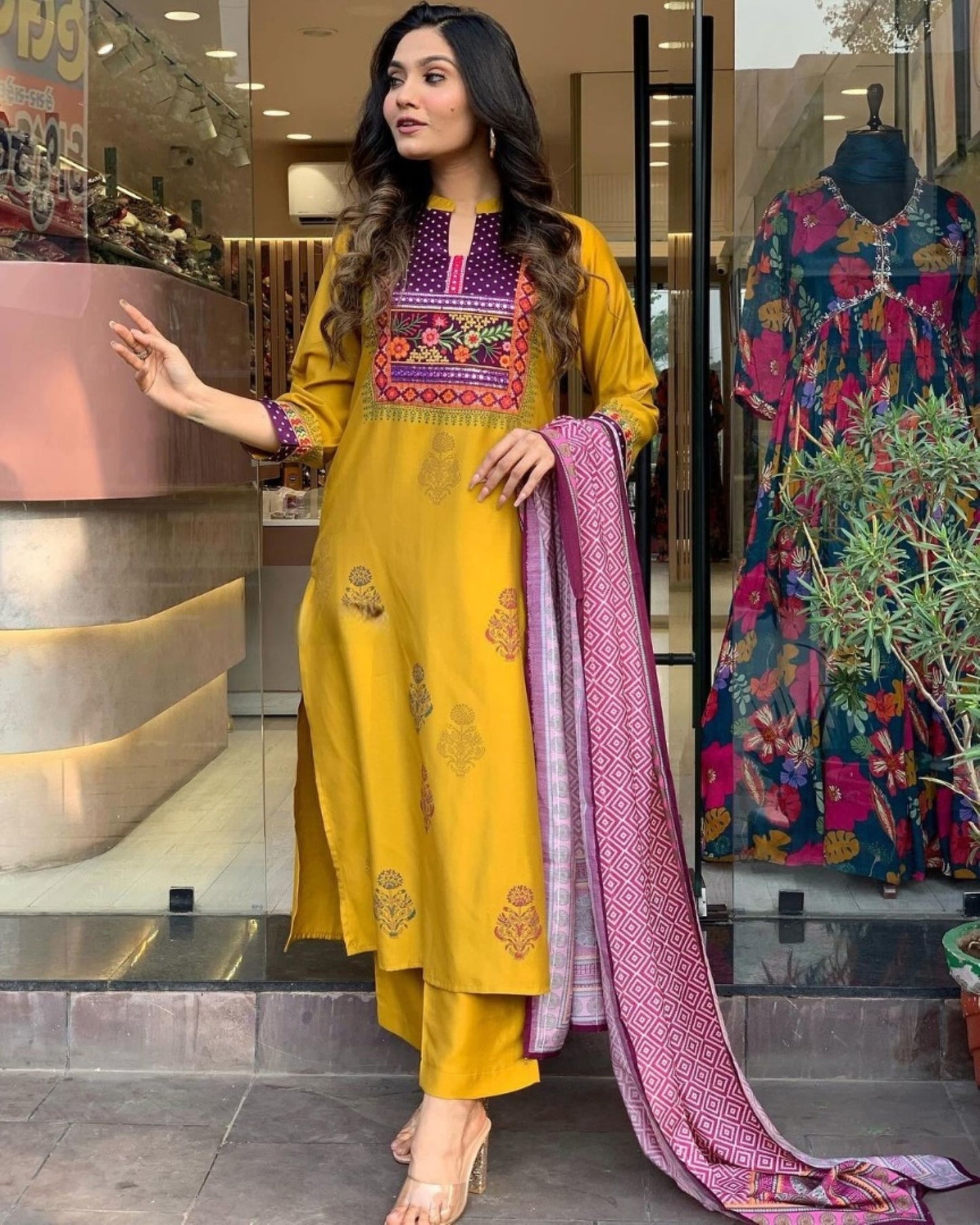 Women Embroidered Straight Yellow Kurta Set with Dupatta