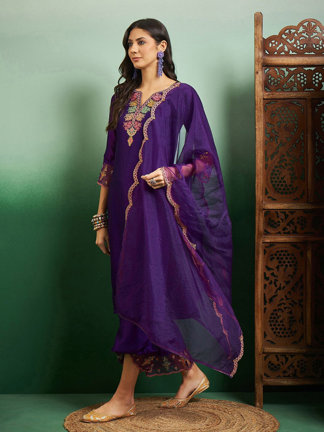 Party Wear Women's Chanderi Kurta With Bottom & Dupatta Set