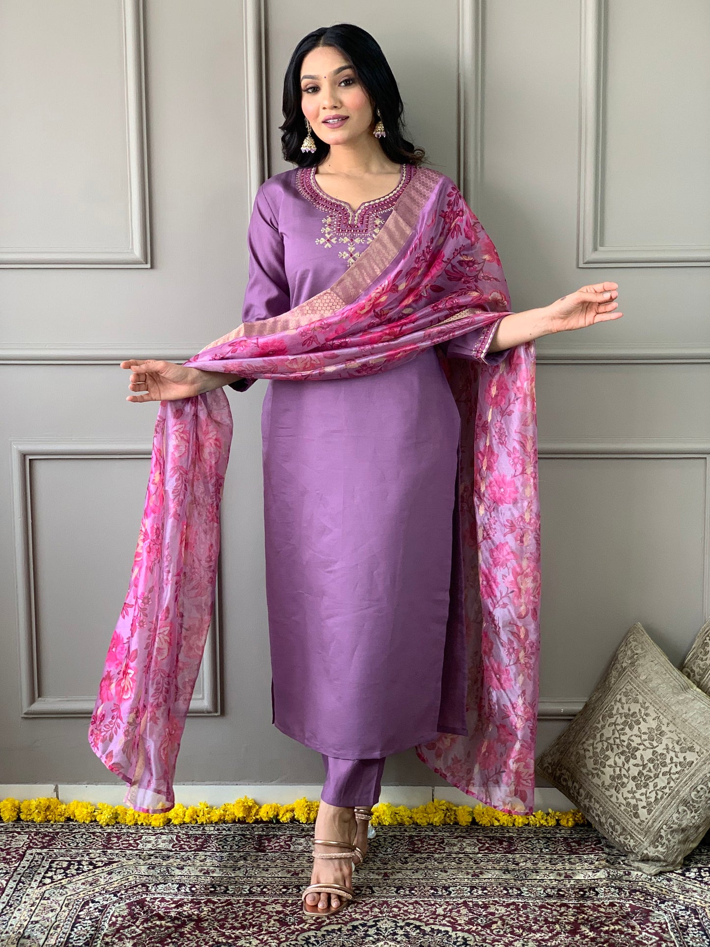 Luxurious Chanderi Silk Purple Kurta Set with Bottom and Dupatta