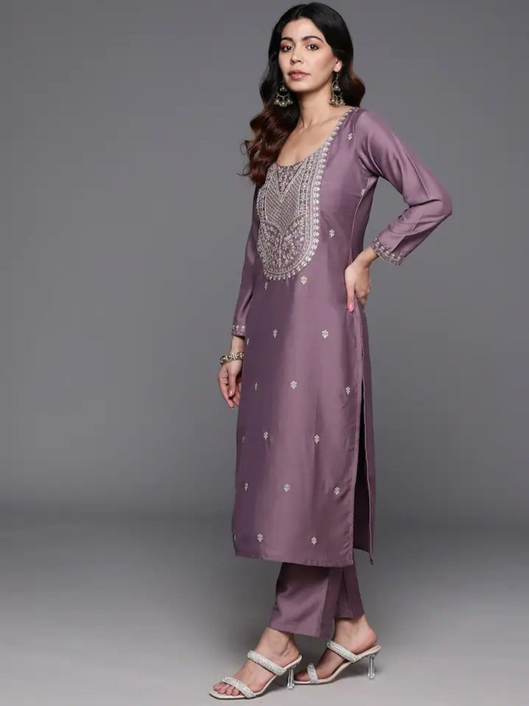 Onion Color Embroidered Women wear Kurta set with bottom wear and dupatta