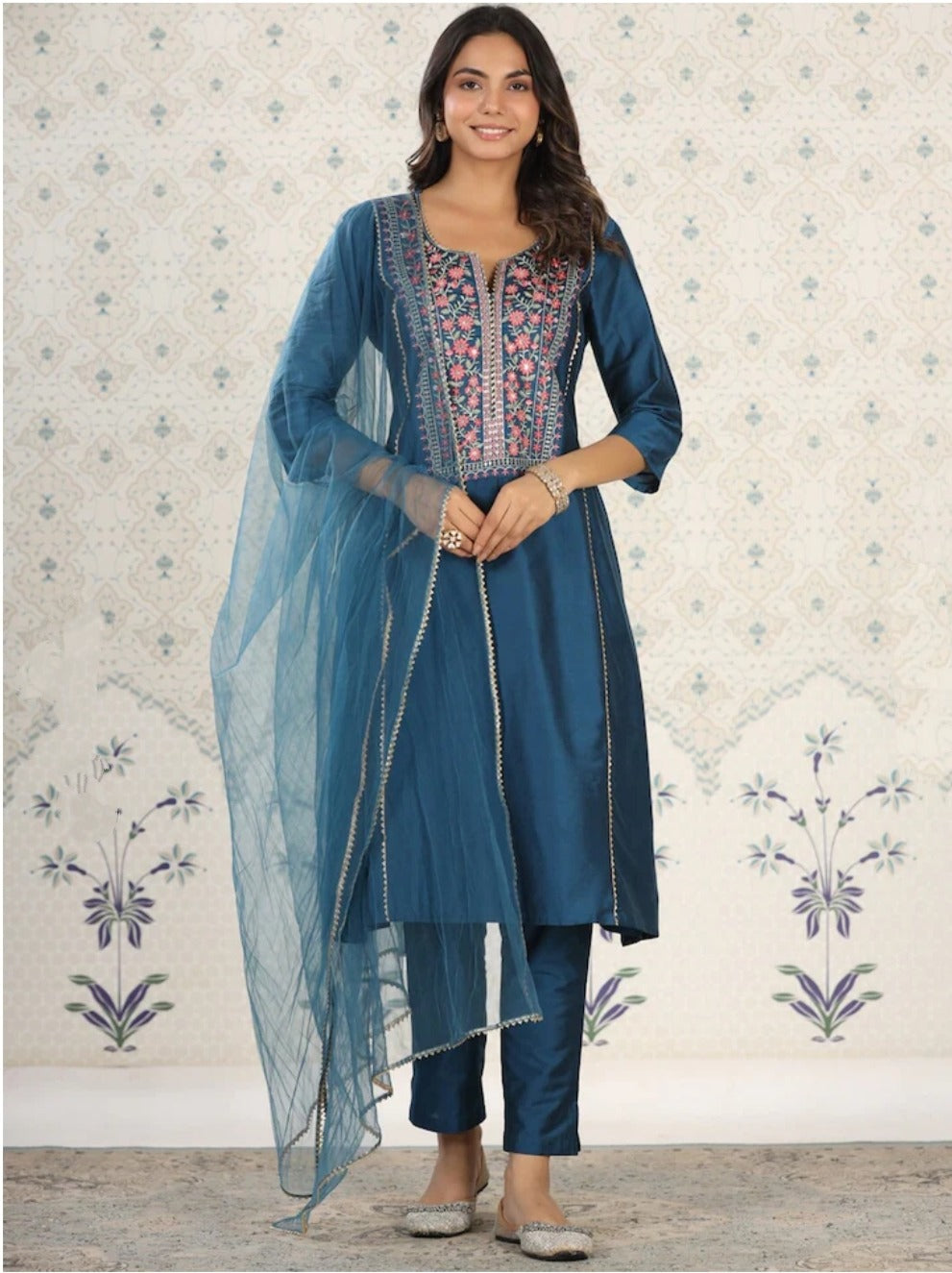 Beautiful Petrol Embroidered Kurta Set with Bottom Wear and Dupatta