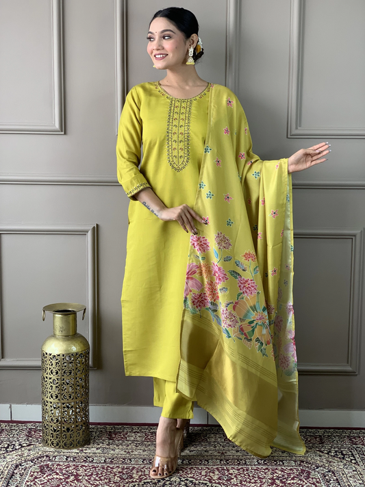 Amazing Viscose Chanderi Party Wear Embroidered Kurti Pant With Dupatta Set