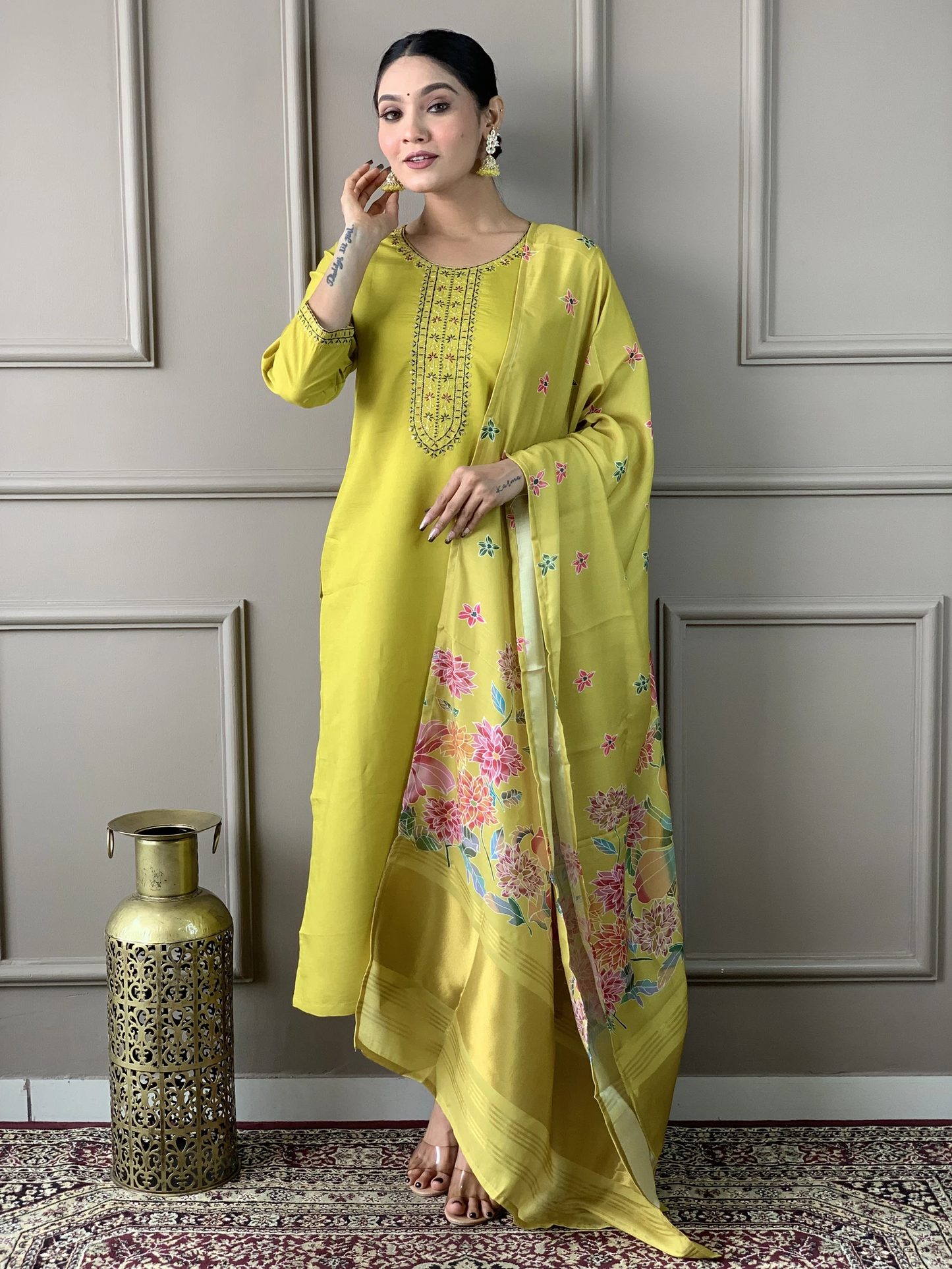 Amazing Viscose Chanderi Party Wear Embroidered Kurti Pant With Dupatta Set