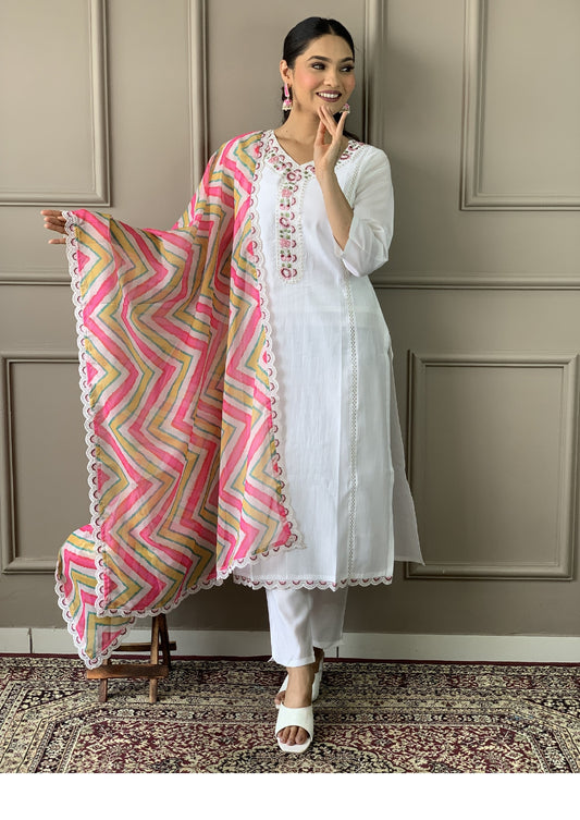 Women Embroidered Straight Kurta with Pants & Dupatta in White Color