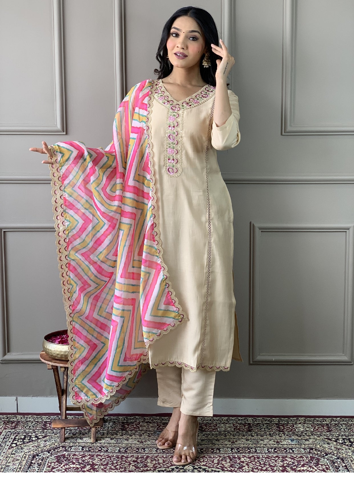 Women Embroidered Straight Kurta with Pants & Dupatta in White Color