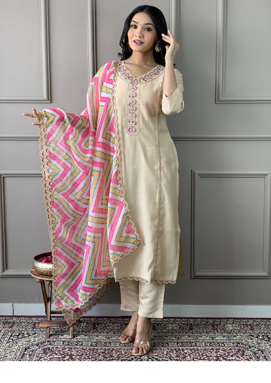 Women Embroidered Straight Kurta with Pants & Dupatta in White Color