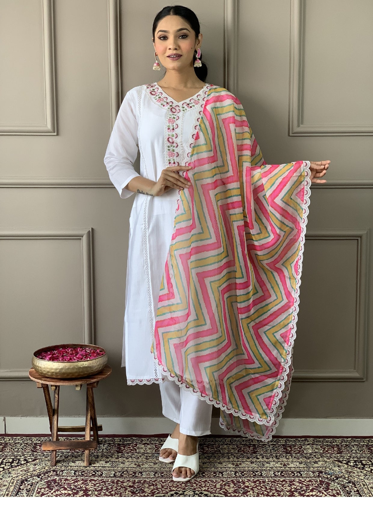 Women Embroidered Straight Kurta with Pants & Dupatta in White Color