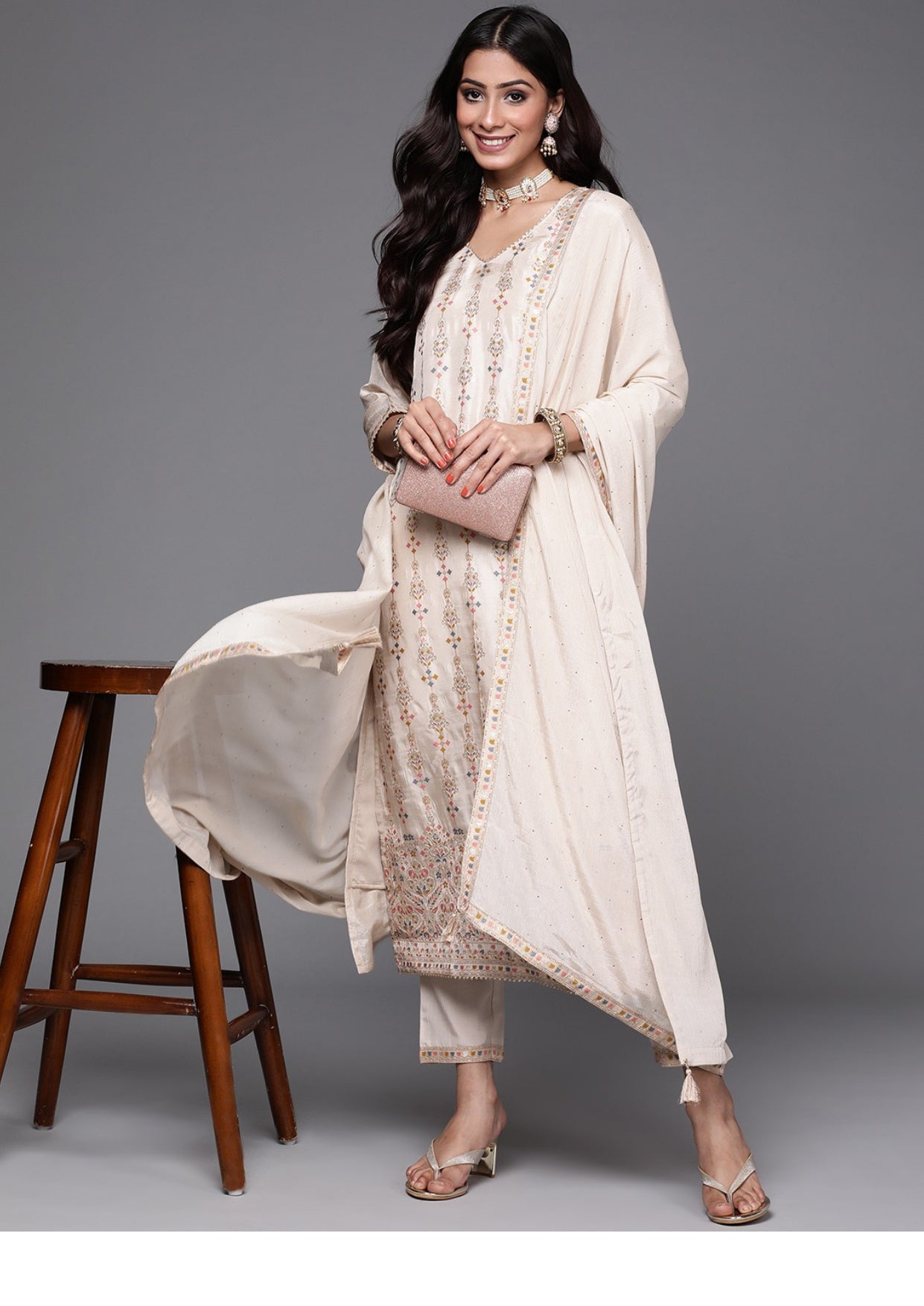 Women Cream Colour Embroidered Straight Kurta with Pants & Dupatta in White Color