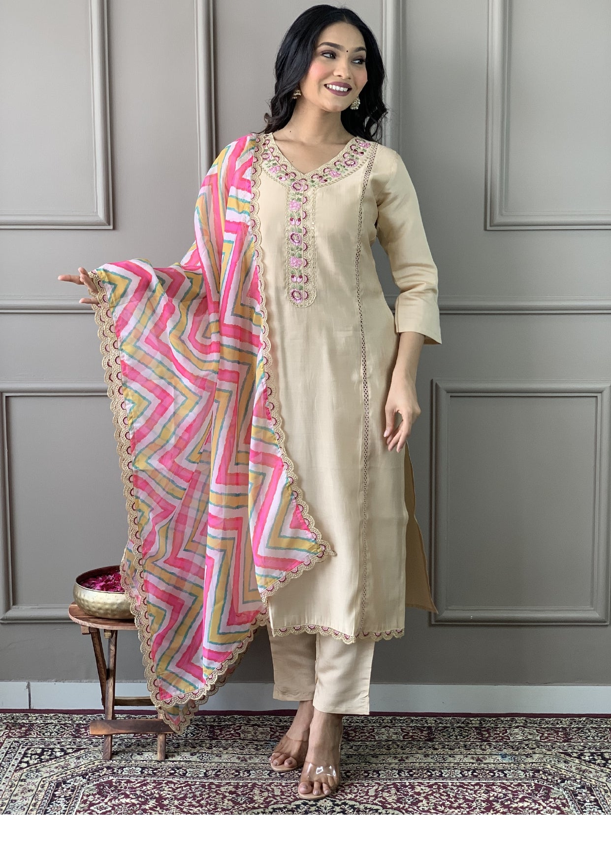 Women Embroidered Straight Kurta with Pants & Dupatta in White Color