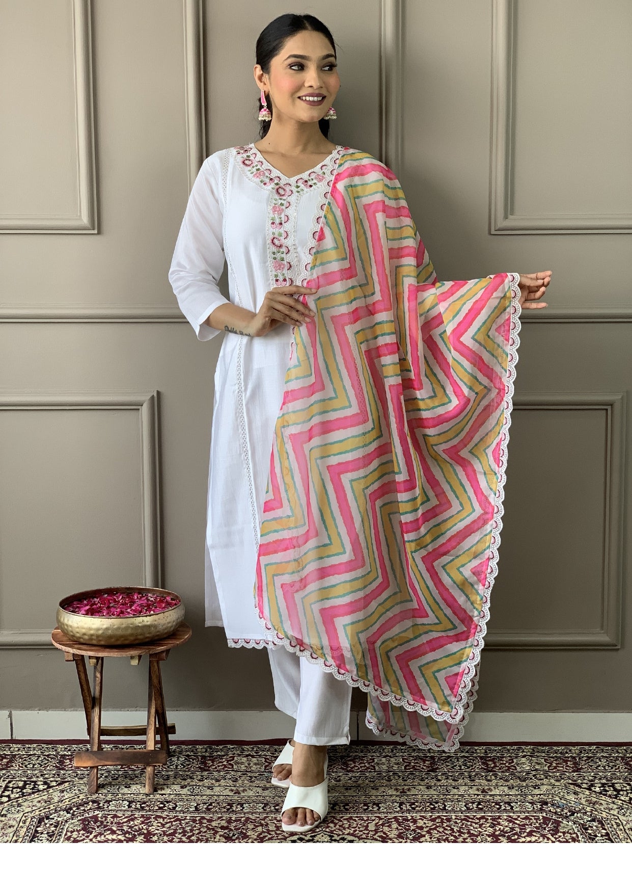 Women Embroidered Straight Kurta with Pants & Dupatta in White Color