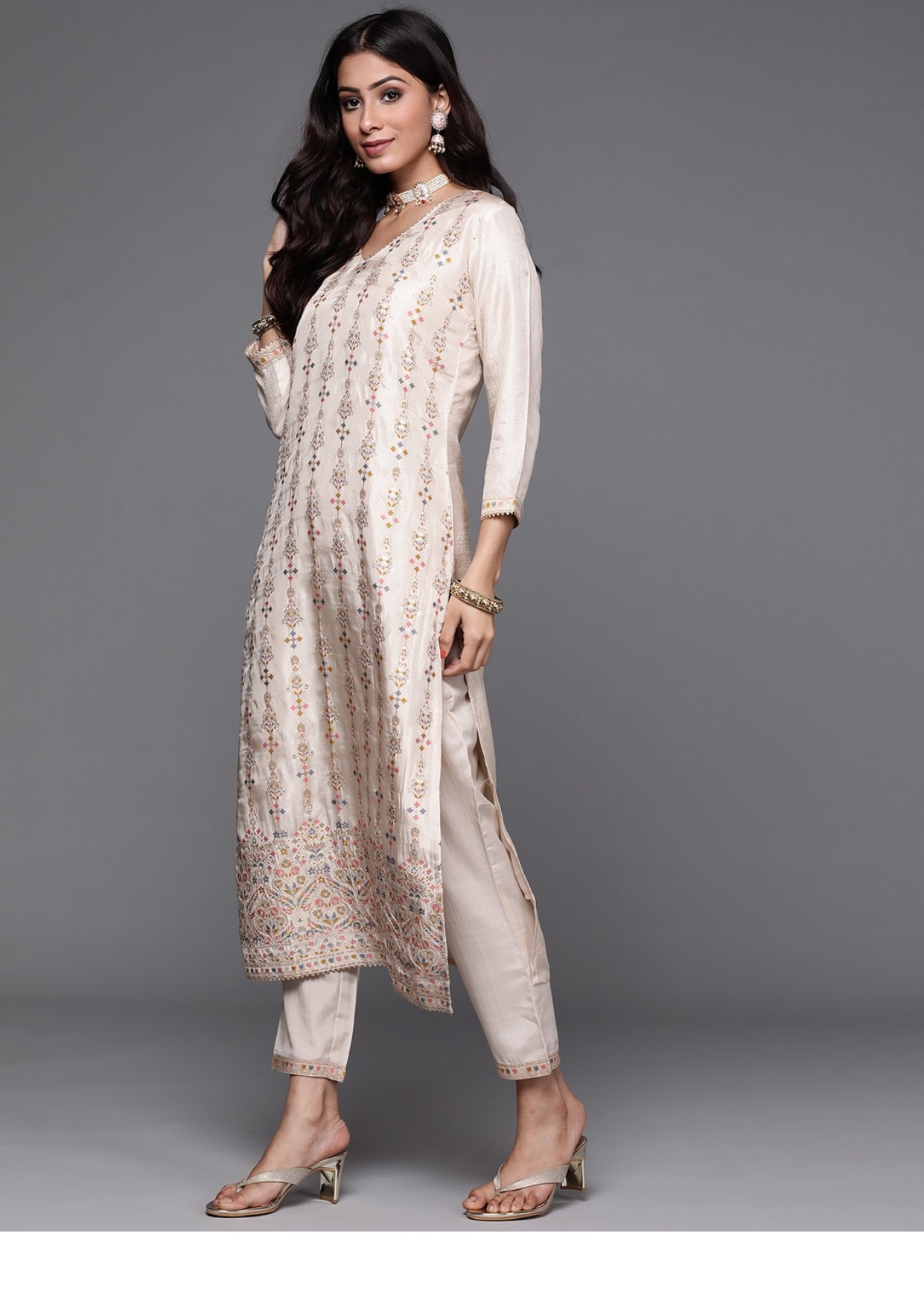 Women Cream Colour Embroidered Straight Kurta with Pants & Dupatta in White Color