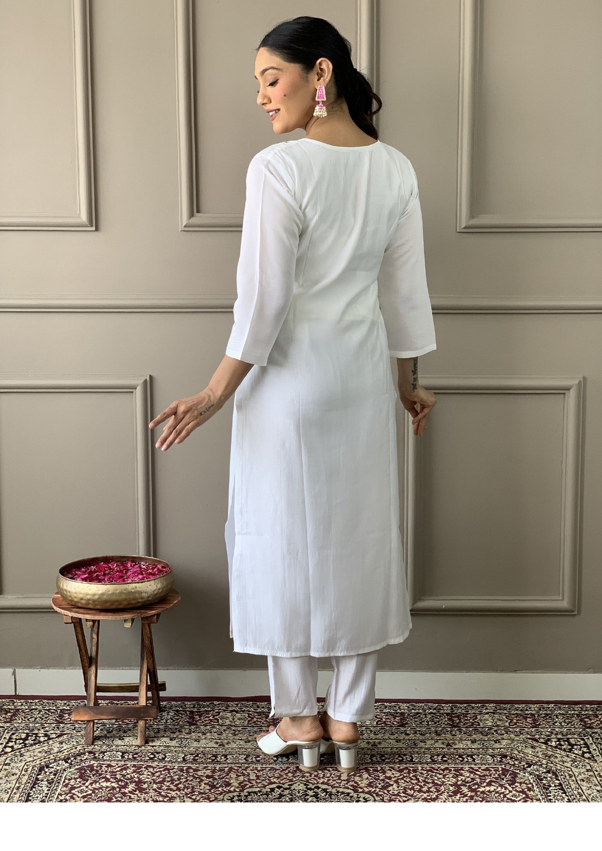 Women Embroidered Straight Kurta with Pants & Dupatta in White Color