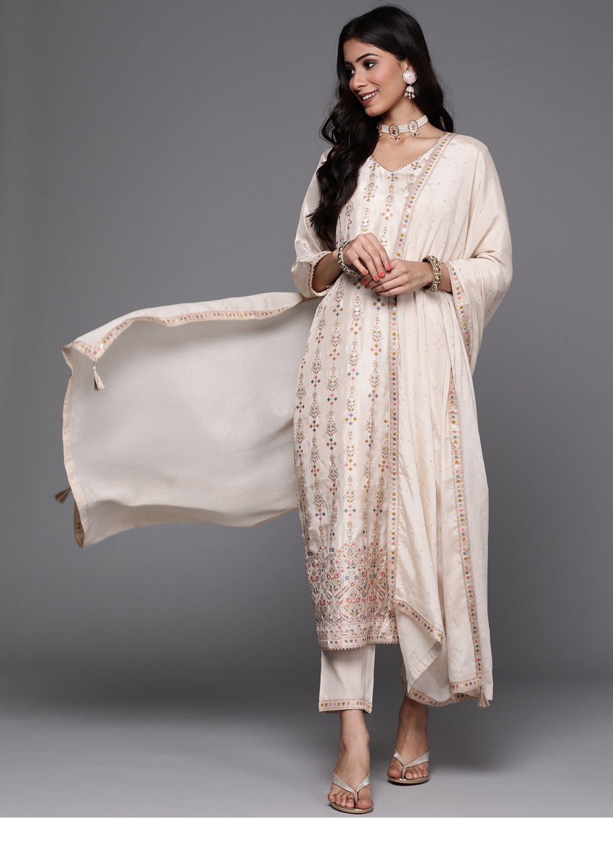 Women Cream Colour Embroidered Straight Kurta with Pants & Dupatta in White Color