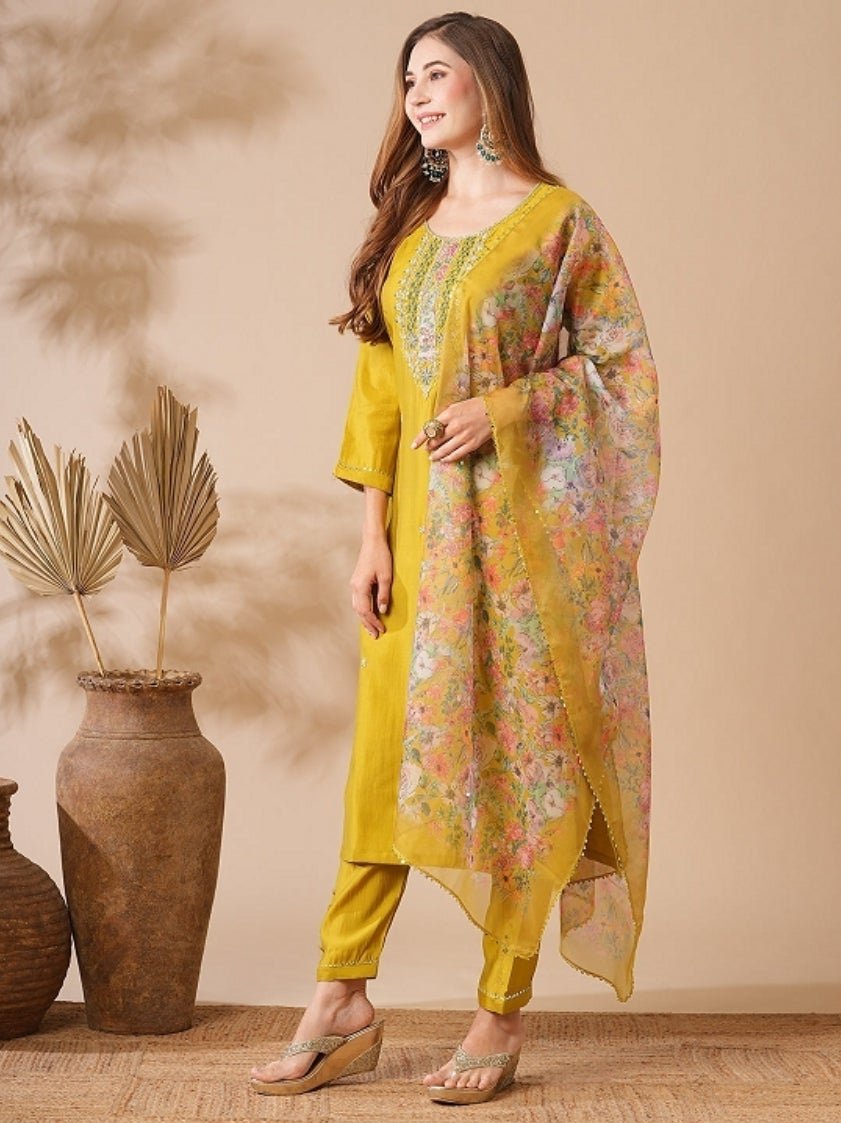 Women Embroidered Yellow Straight Kurta Set with Dupatta