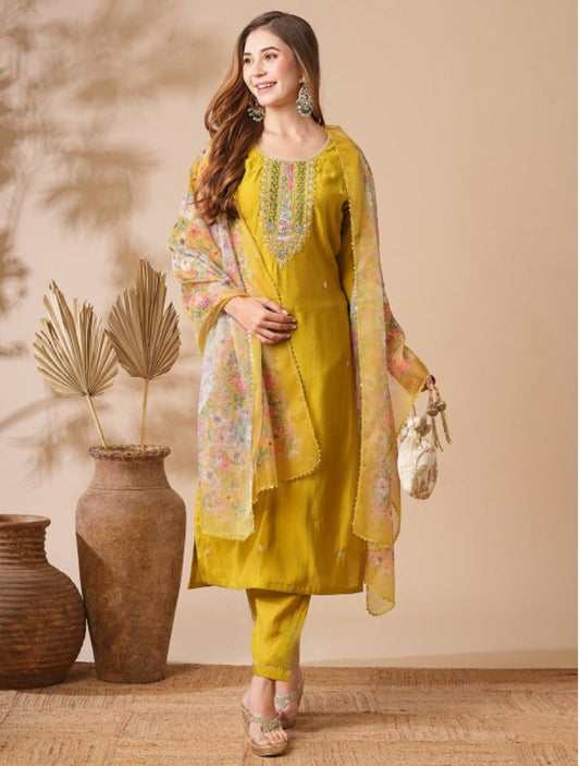 Women Embroidered Yellow Straight Kurta Set with Dupatta