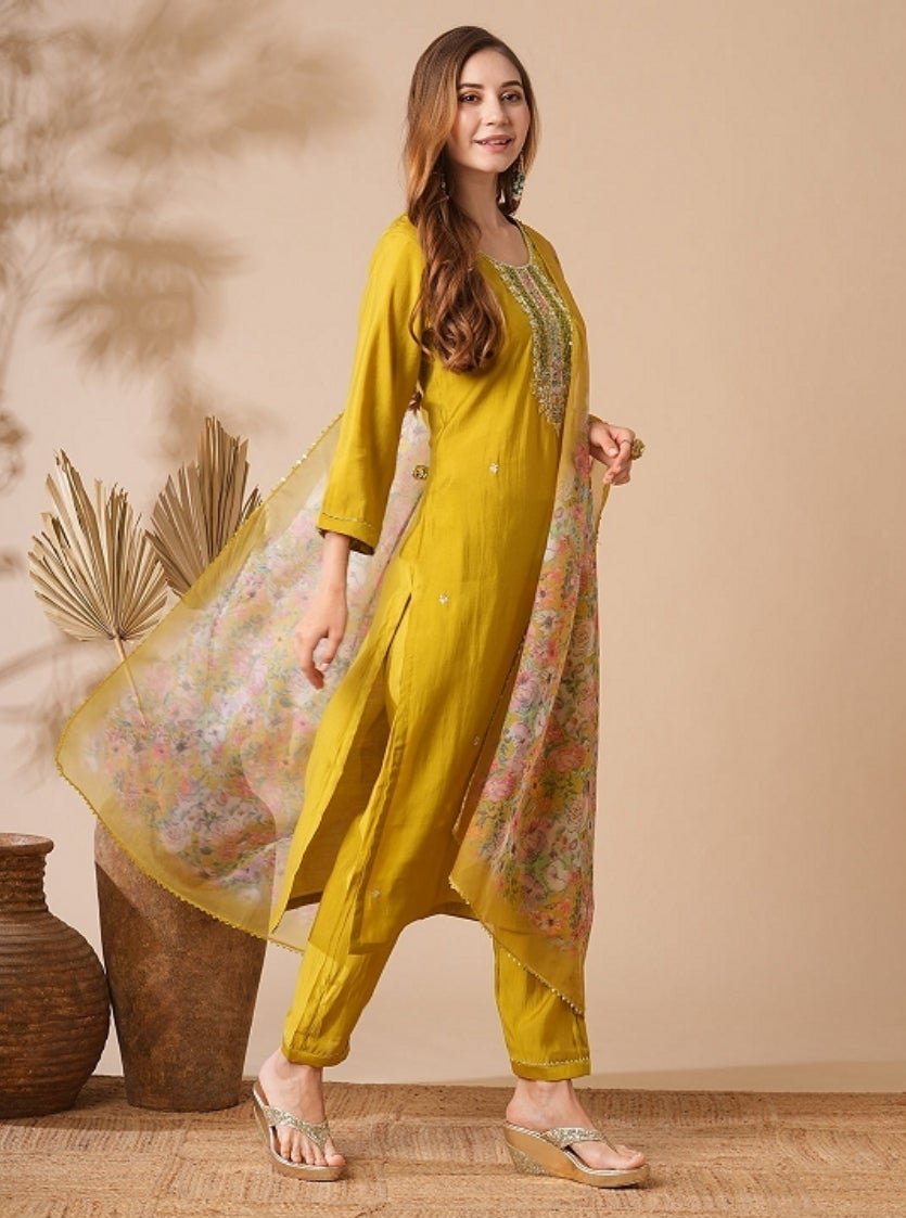 Women Embroidered Yellow Straight Kurta Set with Dupatta