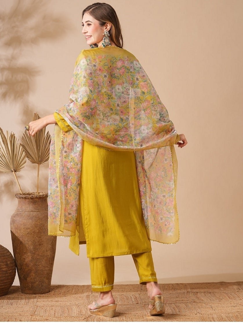 Women Embroidered Yellow Straight Kurta Set with Dupatta