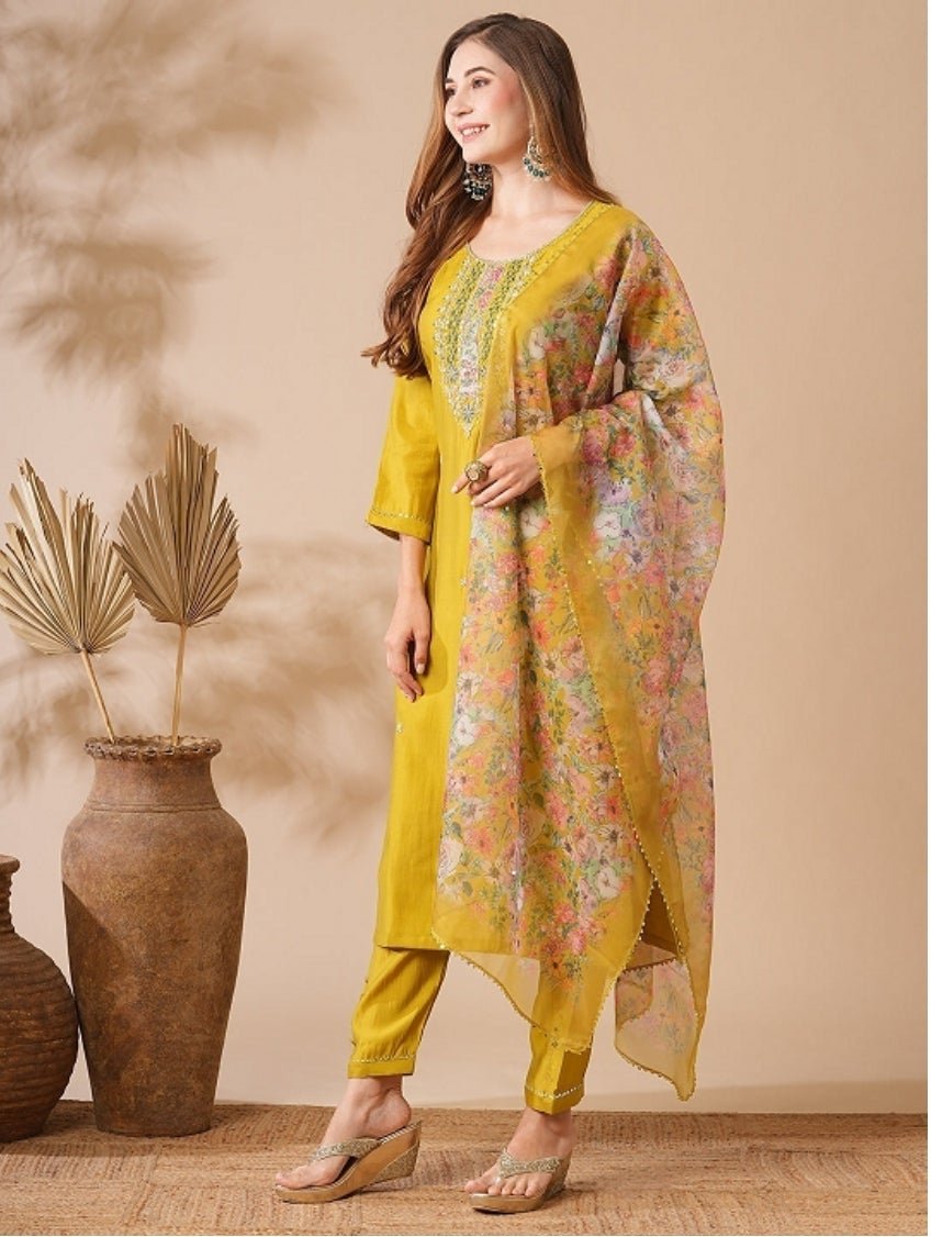 Women Embroidered Yellow Straight Kurta Set with Dupatta