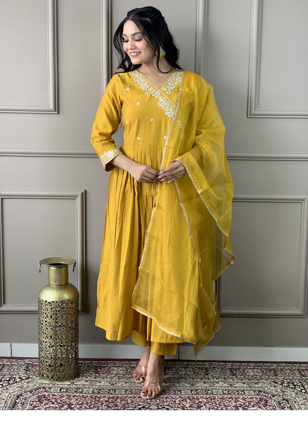 Women Yellow Printed and Embroidered kurta set with Bottom & Dupatta