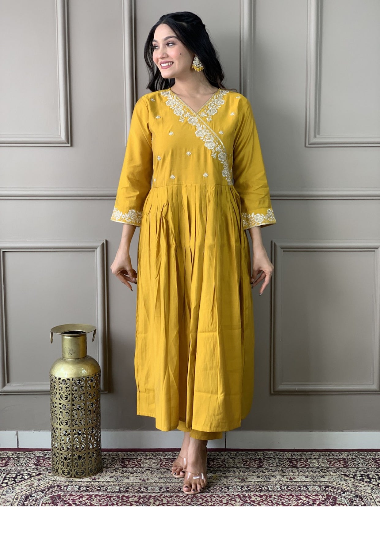 Women Yellow Printed and Embroidered kurta set with Bottom & Dupatta