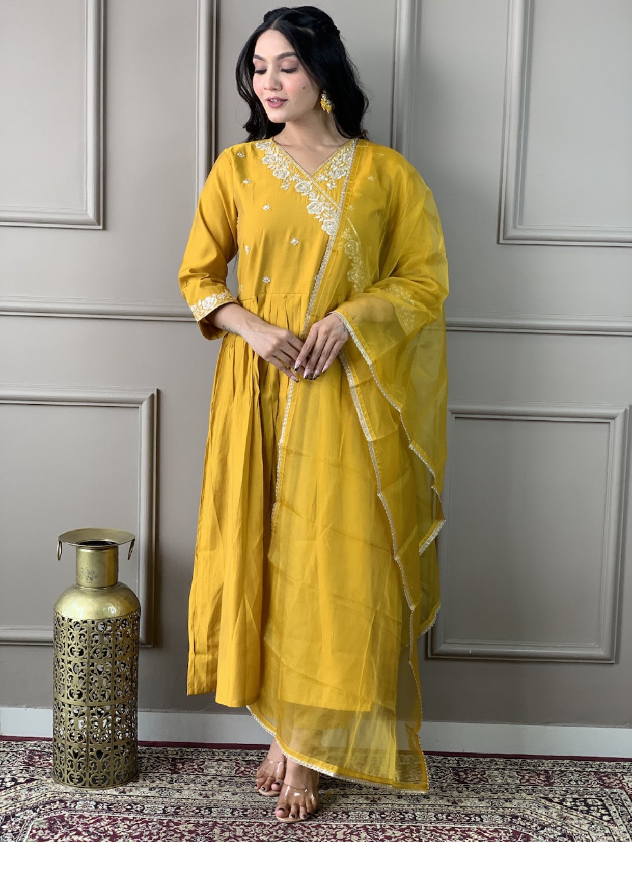 Women Yellow Printed and Embroidered kurta set with Bottom & Dupatta