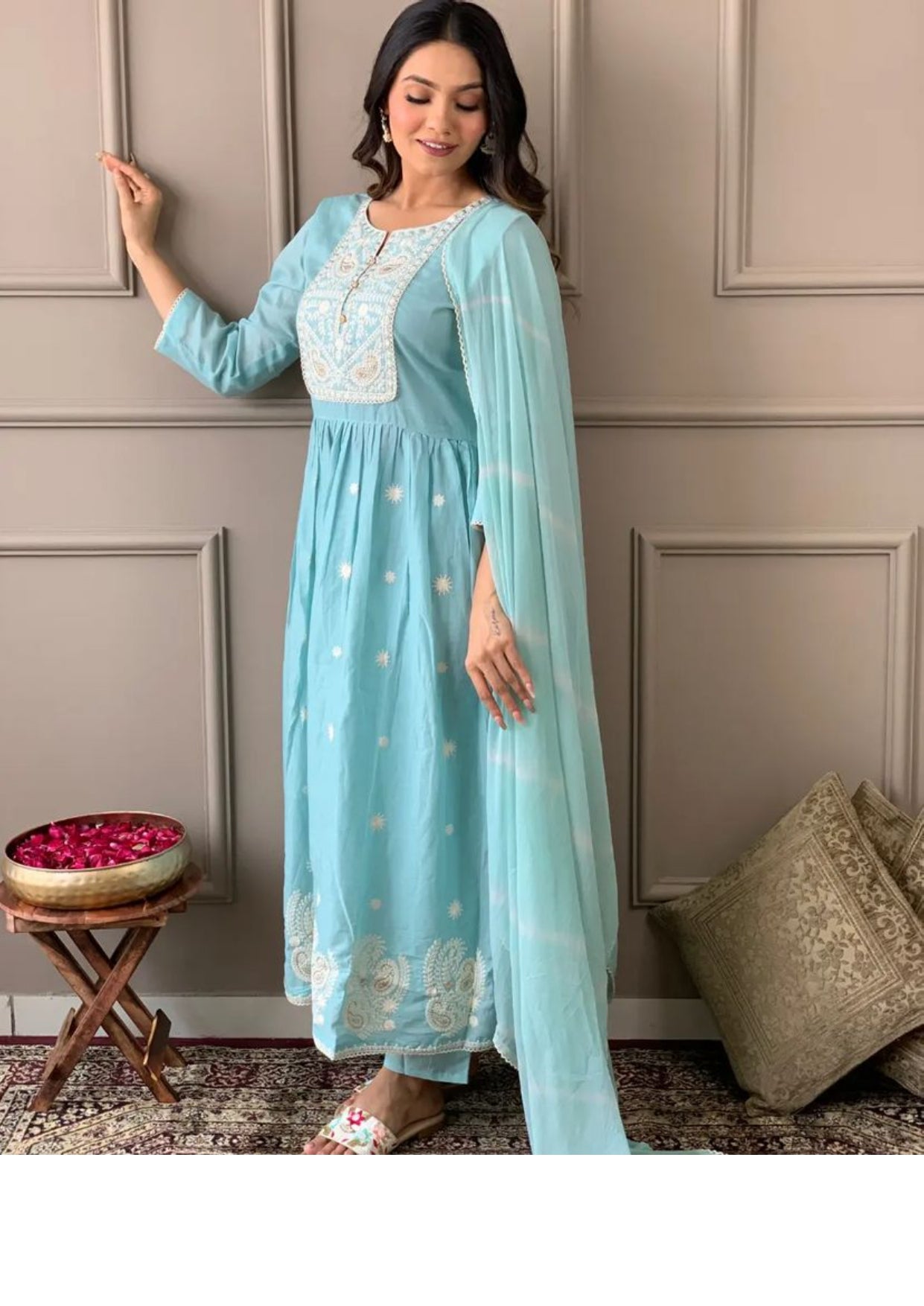 Viscose Chanderi Embroidery Print Kurti With Pant and Dupatta