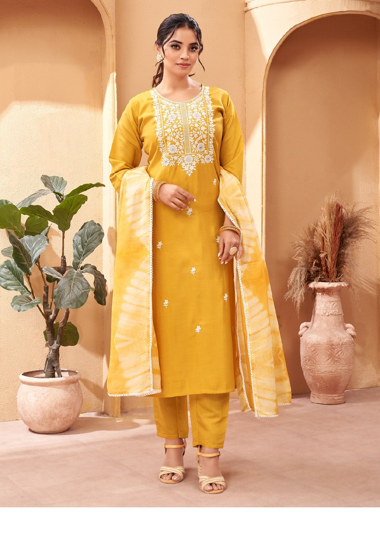 Yellow Colour Blend Silk Embroidery Work Party Wear Kurta Pant Dupatta Set For Women's