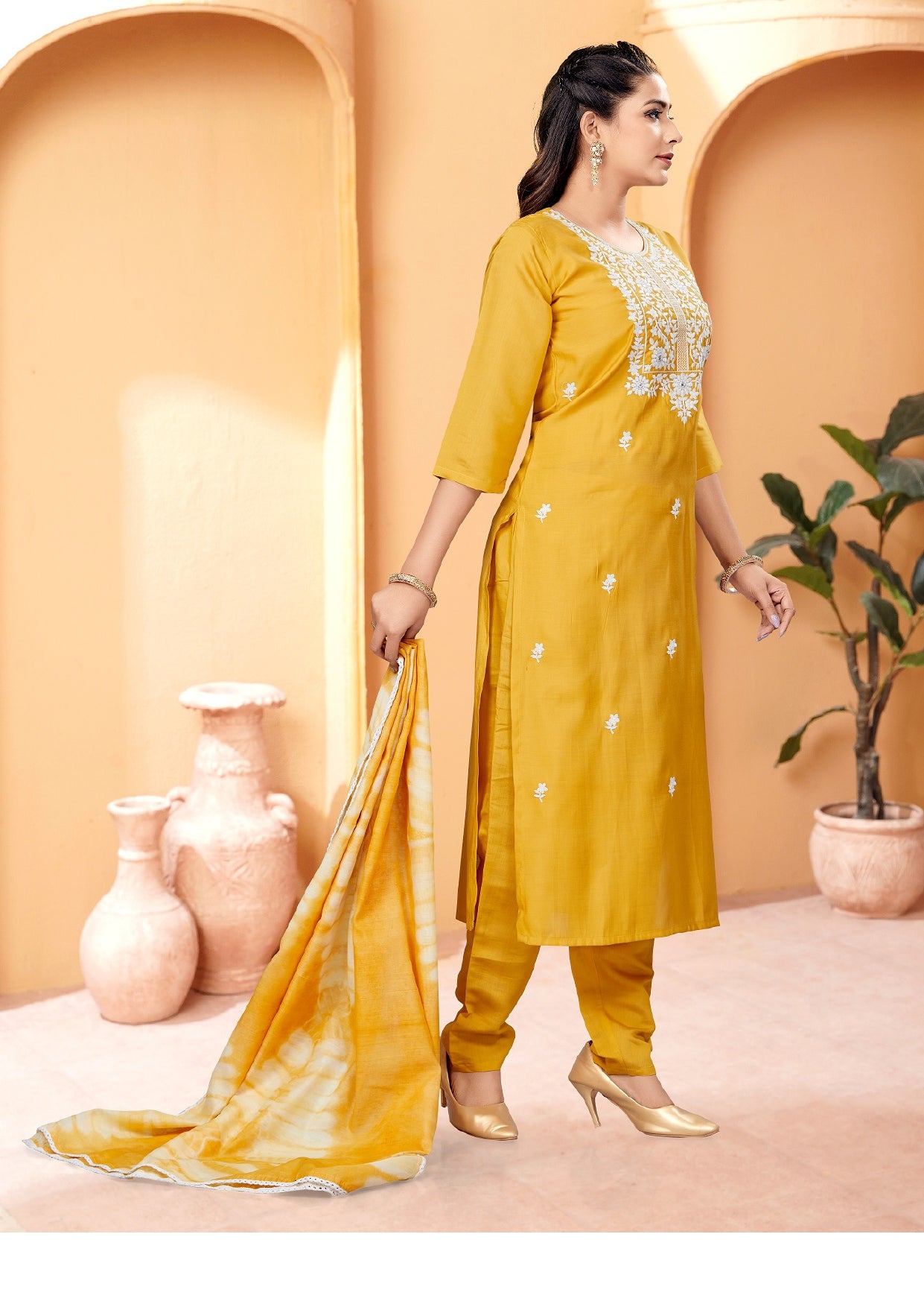 Yellow Colour Blend Silk Embroidery Work Party Wear Kurta Pant Dupatta Set For Women's