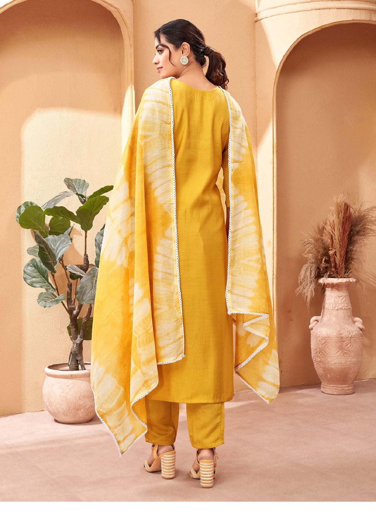 Yellow Colour Blend Silk Embroidery Work Party Wear Kurta Pant Dupatta Set For Women's