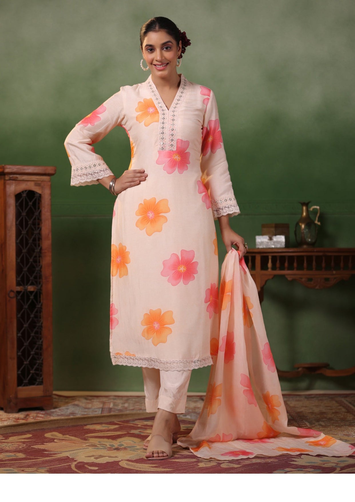 Floral Designer Suits with Knee Bottom Pant and Border Dupatta