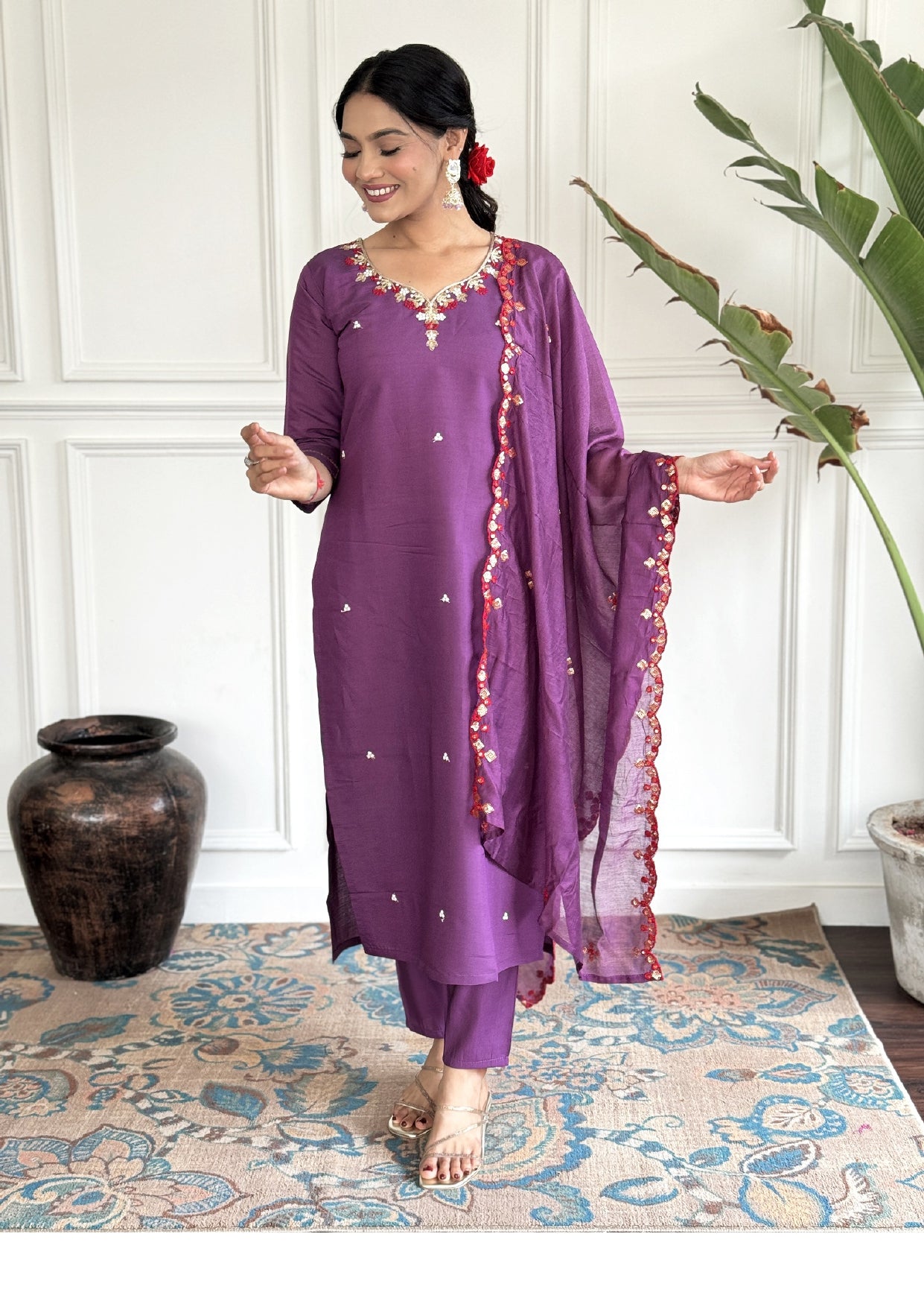 Designer Kurta set with Knee Bottom Pant & Embroidered Dupatta Set