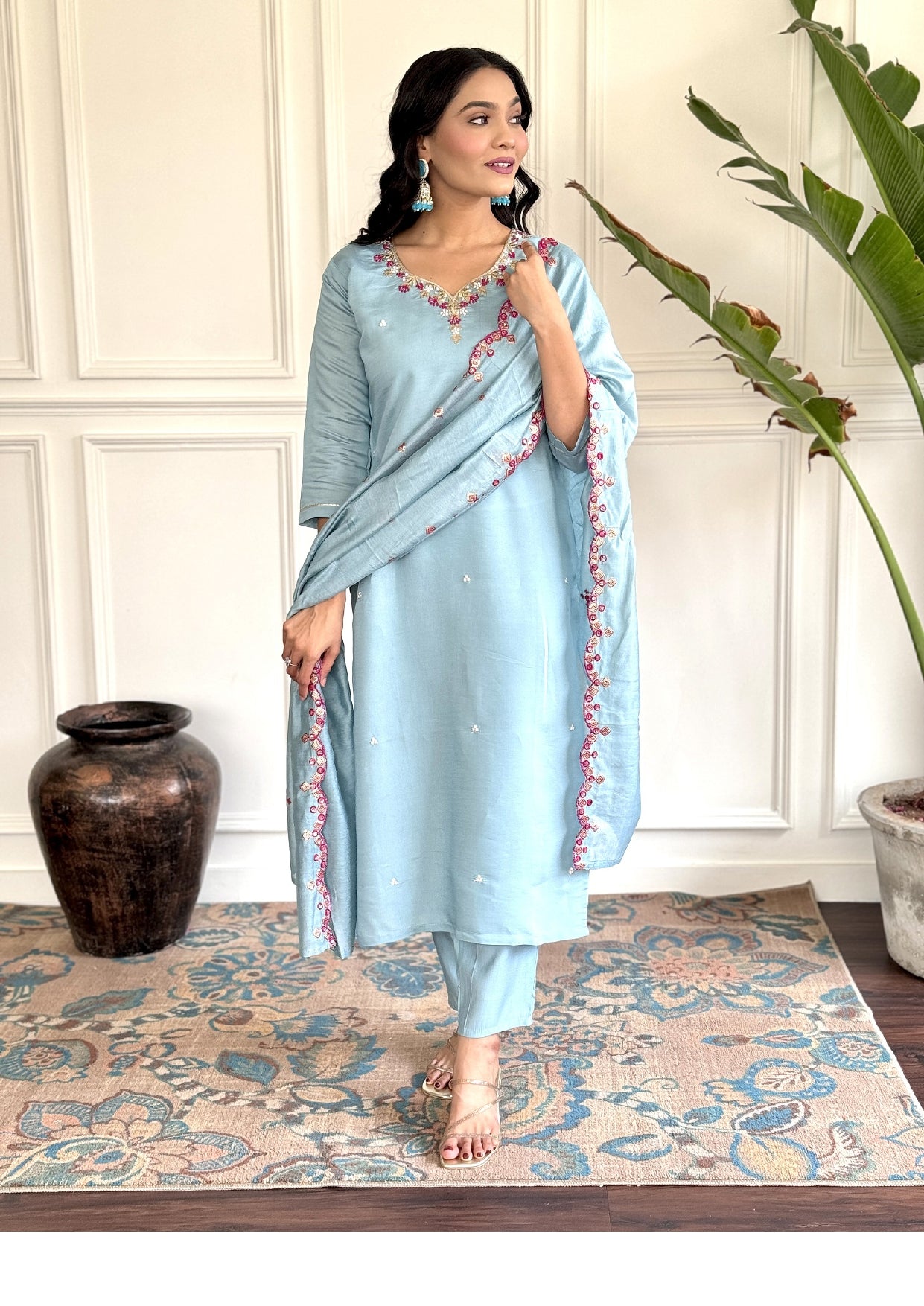 Light Blue Designer Kurta set with Knee Bottom Pant & Embroidered Dupatta