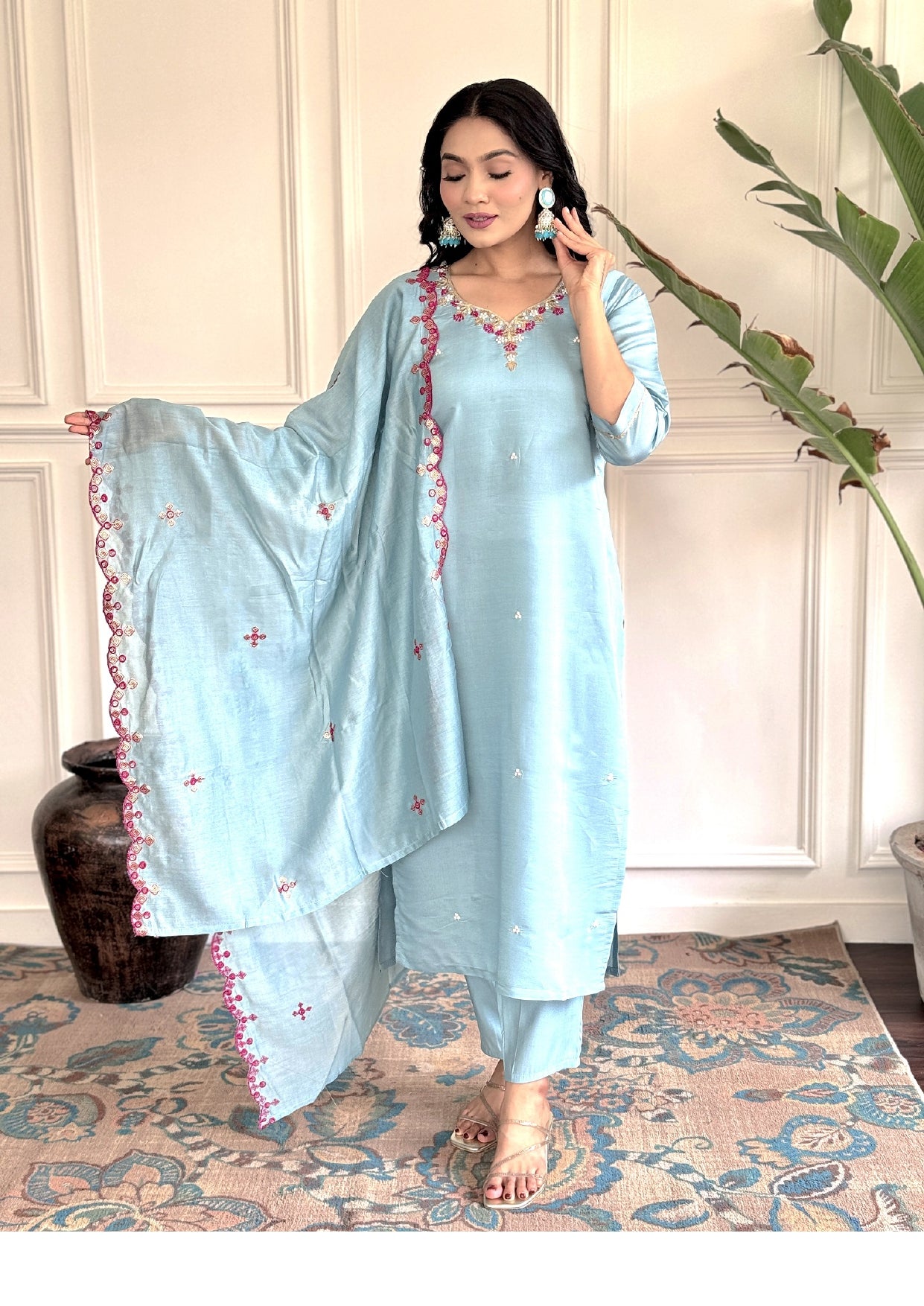 Light Blue Designer Kurta set with Knee Bottom Pant & Embroidered Dupatta