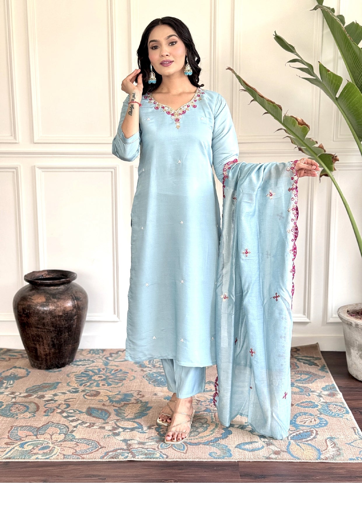 Light Blue Designer Kurta set with Knee Bottom Pant & Embroidered Dupatta