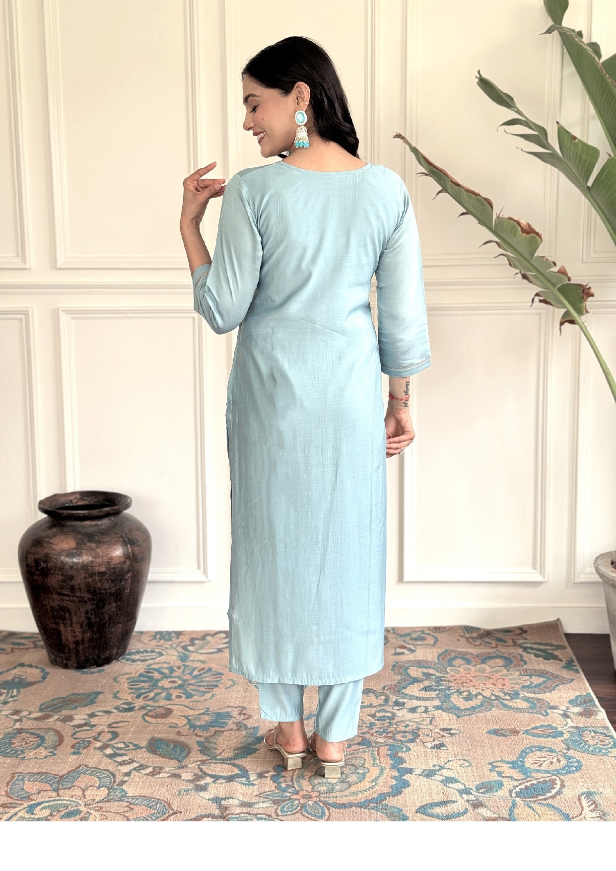 Light Blue Designer Kurta set with Knee Bottom Pant & Embroidered Dupatta