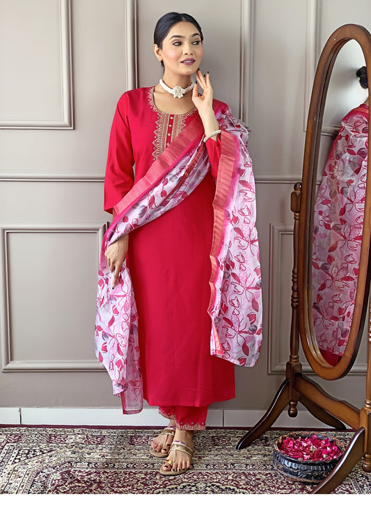 Amazing Party Wear Pink Embroidered Kurti Pant With Dupatta Set