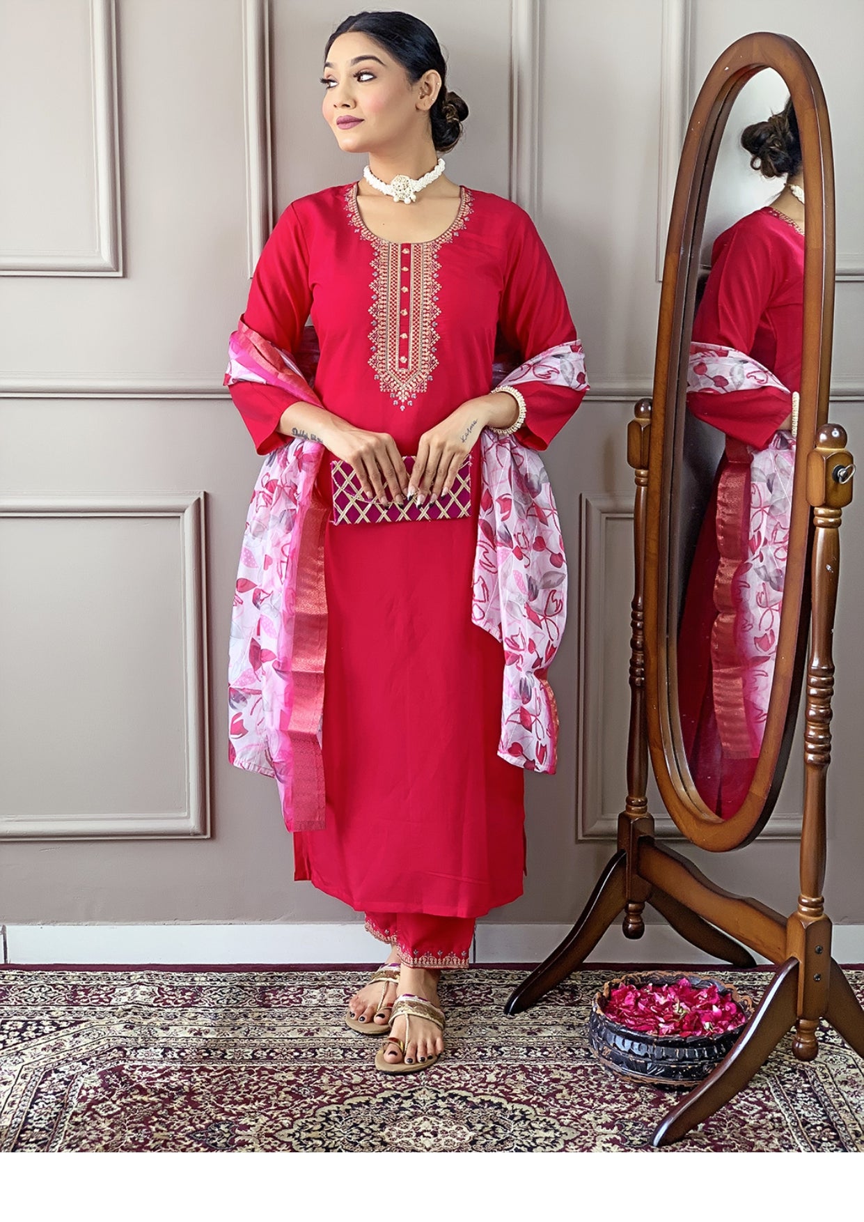 Amazing Party Wear Pink Embroidered Kurti Pant With Dupatta Set