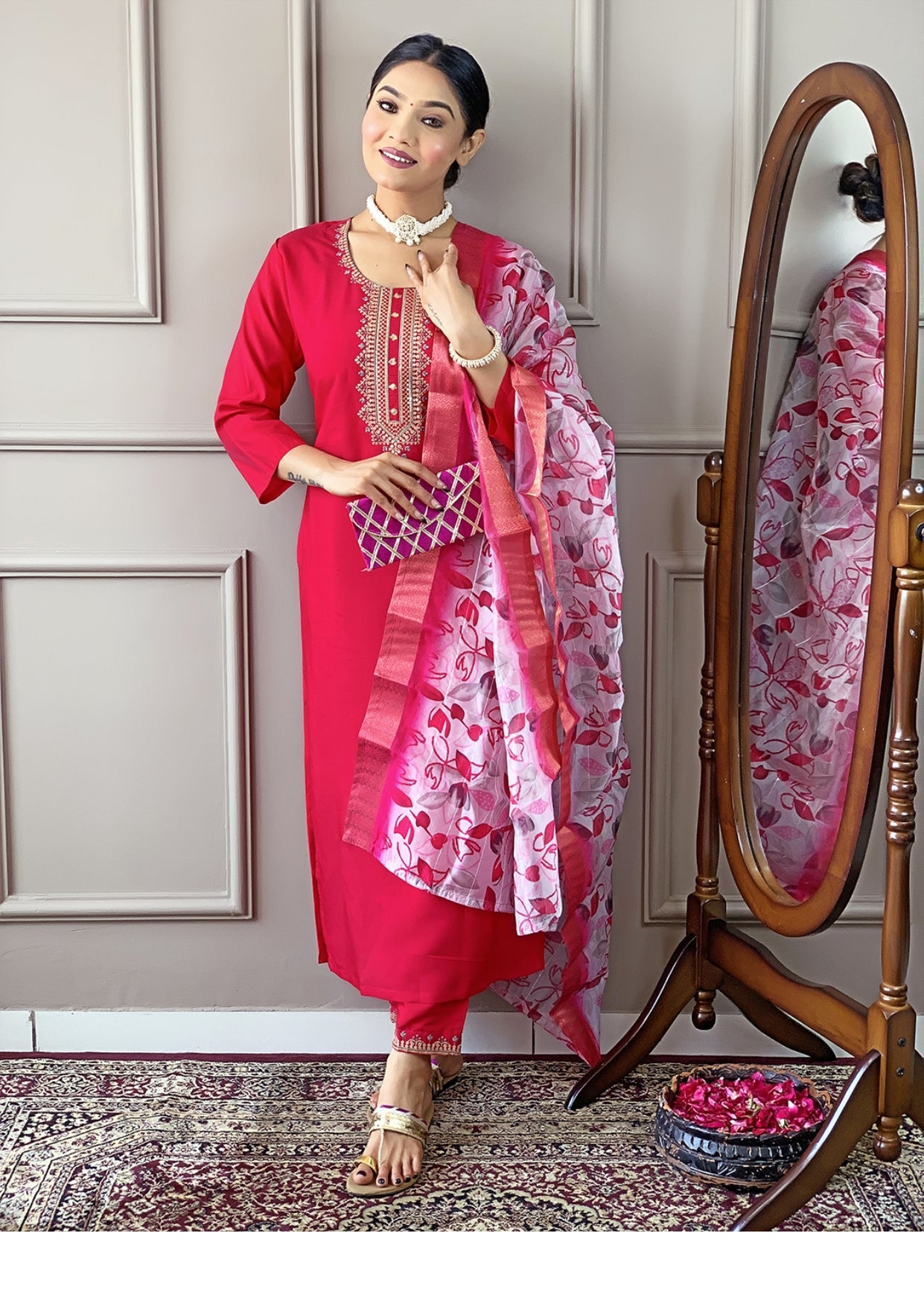 Amazing Party Wear Pink Embroidered Kurti Pant With Dupatta Set