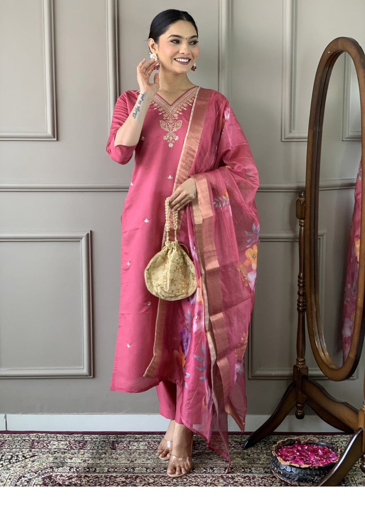 Luxurious Viscose Chanderi Kurta Set with Bottom and Dupatta