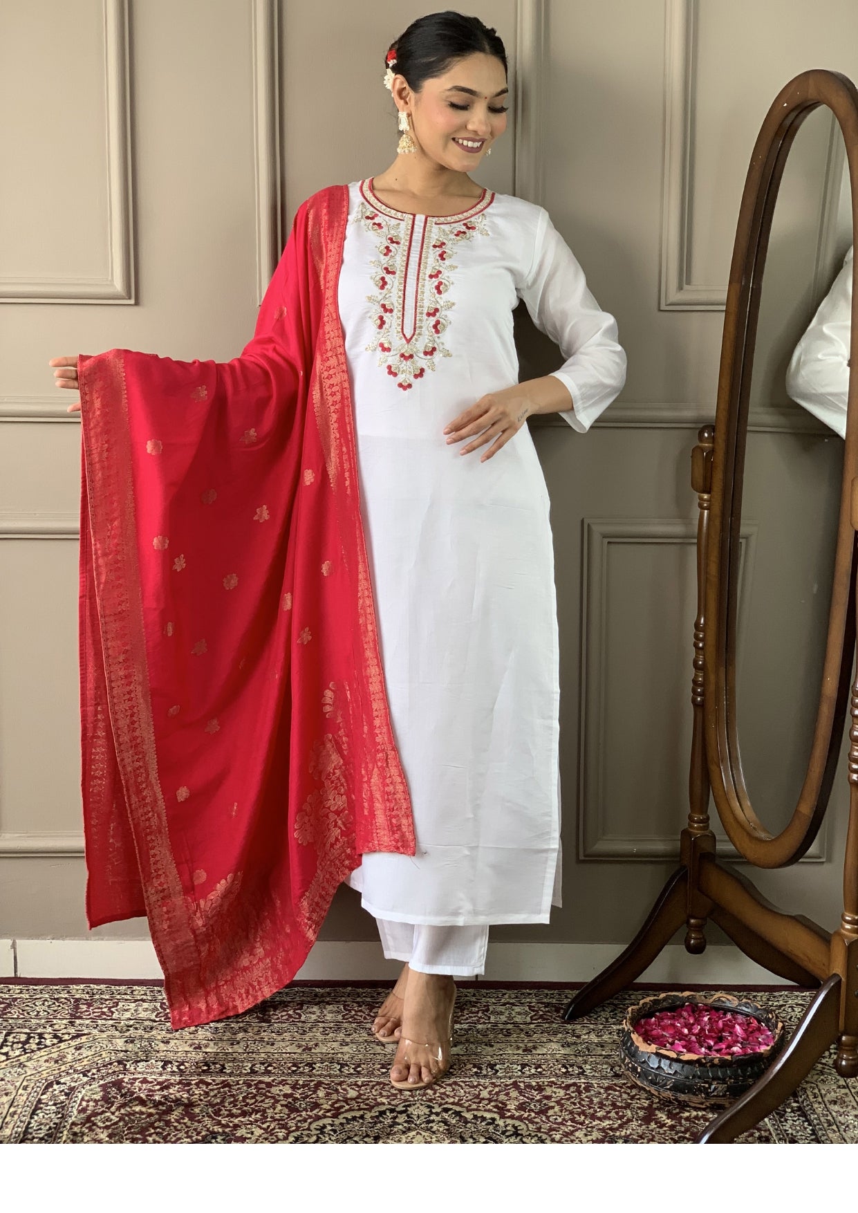 Women Embroidered White Straight Kurta Set with Dupatta