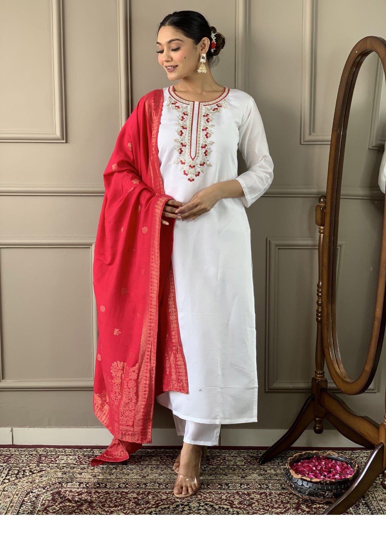 Women Embroidered White Straight Kurta Set with Dupatta