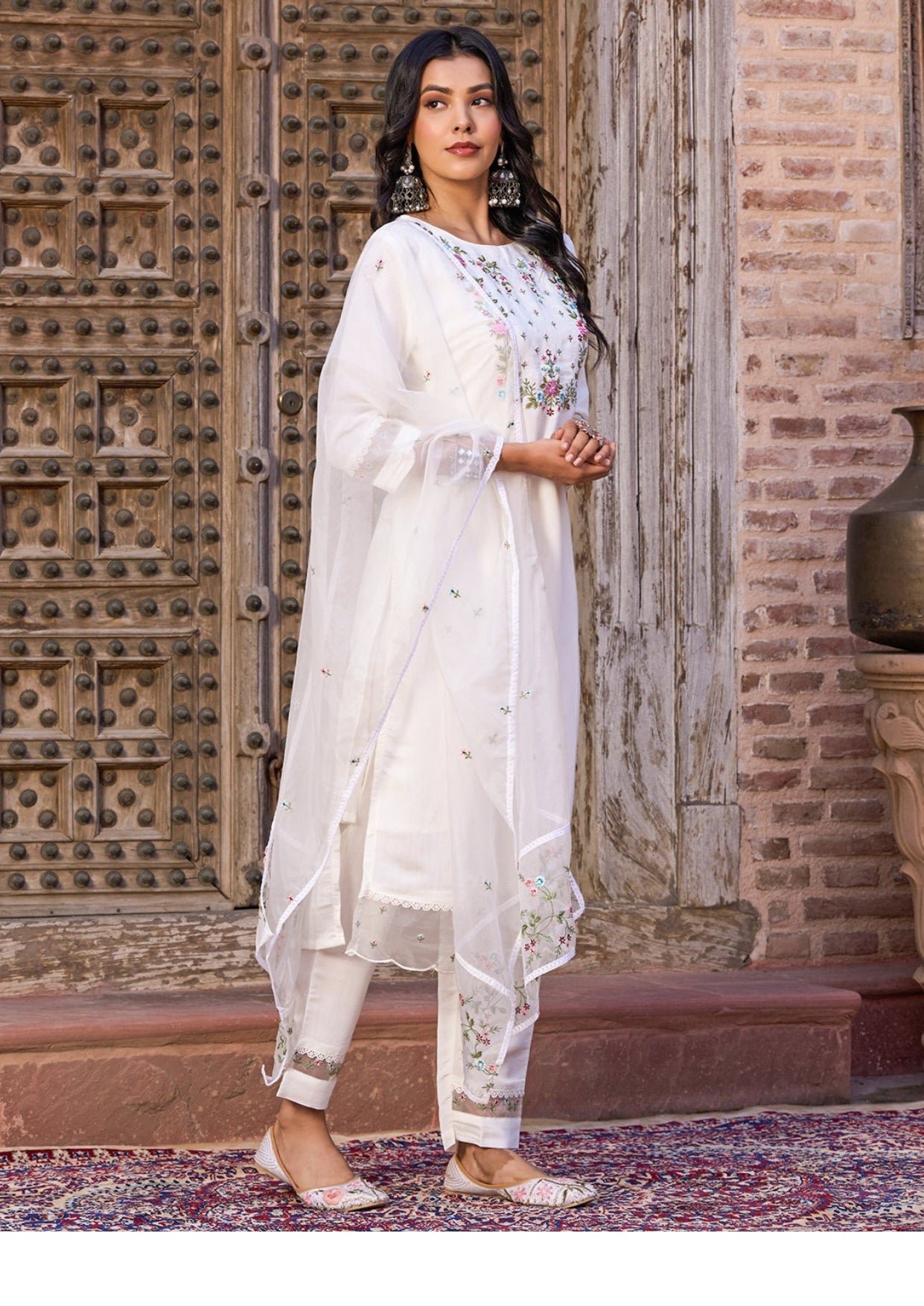 Beautiful Viscose Chanderi Suit With Embroidery Work On Kurta And Floral Dupatta