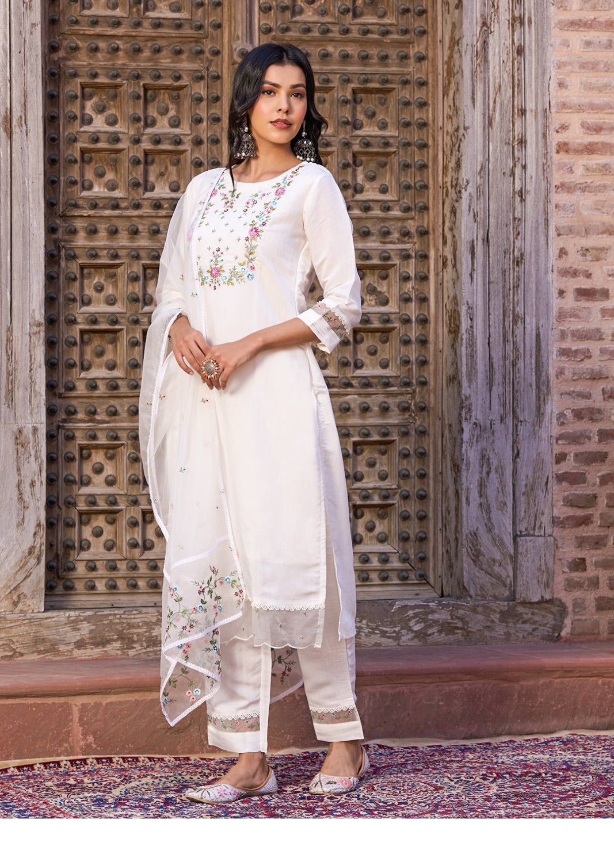 Beautiful Viscose Chanderi Suit With Embroidery Work On Kurta And Floral Dupatta